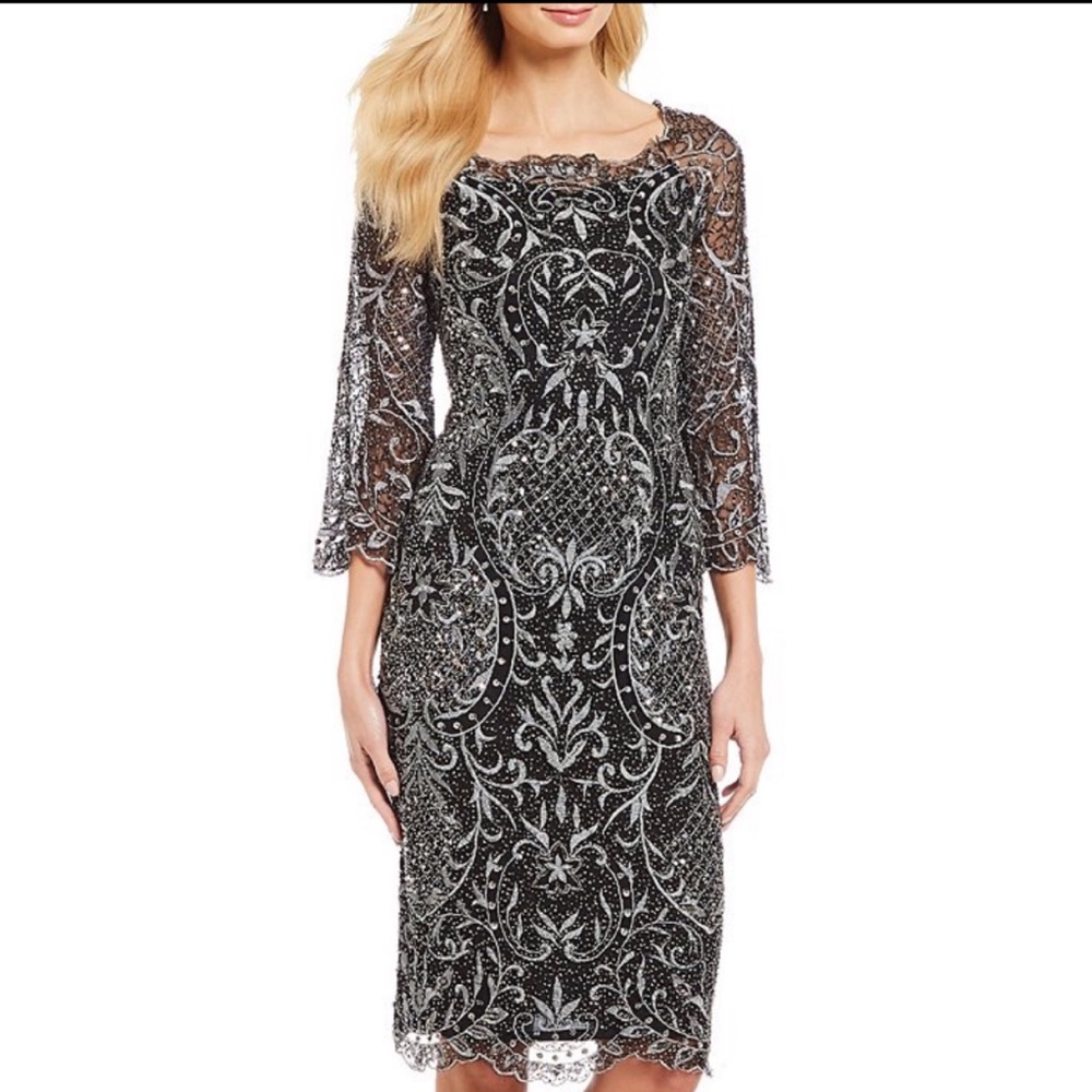 PISARRO NIGHTS EMBROIDERED SEQUIN BEAD COCKTAIL SHEATH DRESS, size 10